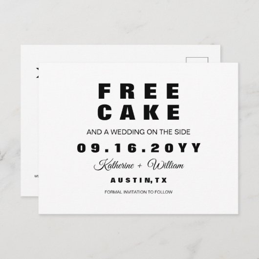 Chic Funny Free Cake Wedding Save the Date Aankondigingskaart (Voorkant / Achterkant)