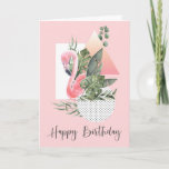 Chic Funny Tropical Pink Flamingo Birthday Kaart<br><div class="desc">Stijlvol uniek en grappig, deze tropische verjaardagskaart voor haar kenmerkt een gracieus roze flamingo dat is gerangschikt in een tropisch collage met gelaagde geometrische vormen en tropische bladeren. De Happy Birthday-tekst is geschreven in een mooie handgeschreven stijl. De binnenkaarttekst kan worden gehouden "zoals"is, of u kunt deze tekst met uw...</div>