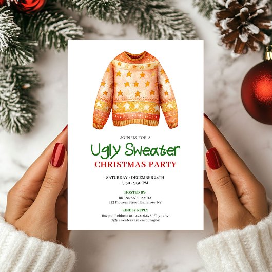 Chic Funny Ugly Sweater Holiday Party Invite Kaart