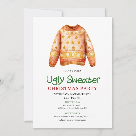 Chic Funny Ugly Sweater Holiday Party Invite Kaart (Voorkant)