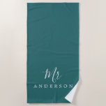 Chic Future de heer Blauwgroen Green Monogram Strandlaken<br><div class="desc">Grafisch blauwgroen groen monogrammed badhanddoek met de tekst Mr. in witte elegante manuscriptkalligrafie. Je kunt deze luxe badhanddoek aanpassen met je getrouwde naam. Perfect geschenk voor het pas gehuwde koppel met de passende mevrouweldoek of voor het vrijgezellenfeest. Exclusief voor u ontworpen door Happy Dolphin Studio. Neem contact met ons op...</div>