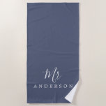 Chic Future de heer Blue Indigo Monogram Strandlaken<br><div class="desc">Chic blue indigo monogrammed badhanddoek met de tekst Mr. in witte elegante manuscriptkalligrafie. Je kunt deze luxe badhanddoek aanpassen met je getrouwde naam. Perfect geschenk voor het pas gehuwde koppel met de passende mevrouweldoek of voor het vrijgezellenfeest. Exclusief voor u ontworpen door Happy Dolphin Studio. Neem contact met ons op...</div>