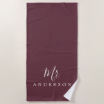 Chic Future de heer Burgundy Monogram Strandlaken<br><div class="desc">Chic burgundy monogrammed strandhanddoek met de tekst Mr. in witte elegante scriptkalligrafie. Je kunt deze luxe badhanddoek aanpassen met je getrouwde naam. Perfect geschenk voor het pas gehuwde koppel met de passende mevrouweldoek of voor het vrijgezellenfeest. Exclusief voor u ontworpen door Happy Dolphin Studio. Neem contact met ons op via...</div>