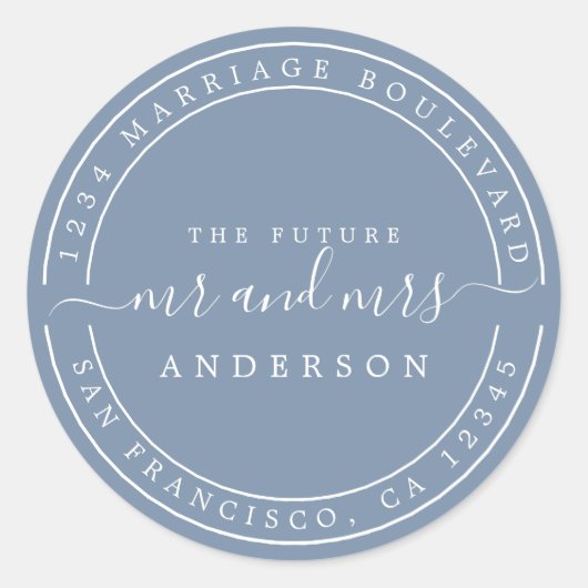 Chic Future Mrs Wedding Return Address Blue Ronde Sticker (Voorkant)