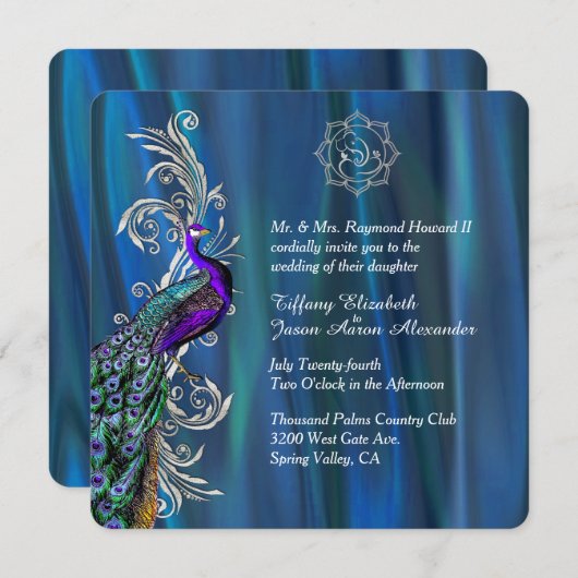 Chic Ganesha 3 Blue Satin and Peacock Wedding Kaart (Voorkant / Achterkant)