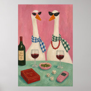 Chic Ganze Wijn Nacht – Whimsisch Roze Bistro Poster