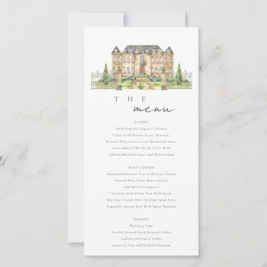 Chic Garden Chateau Waterverf Wedding Menu Card (Voorkant)