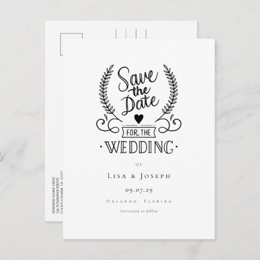 Chic Garland Zwart en Wit Script Save the Date Aankondigingskaart (Voorkant / Achterkant)
