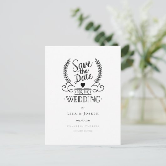 Chic Garland Zwart en Wit Script Save the Date Briefkaart (Staand voorkant)