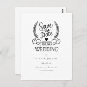 Chic Garland Zwart en Wit Script Save the Date Briefkaart (Voorkant / Achterkant)