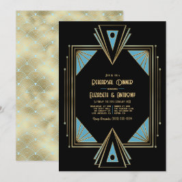 Chic Gatsby Art Deco Blauwe & Gouden Oefenavondmaa Kaart