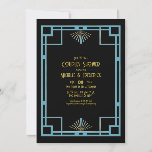 Chic Gatsby Art Deco Blue & Gold Couples Shower Kaart (Voorkant)