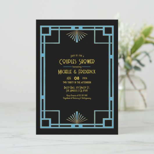 Chic Gatsby Art Deco Blue & Gold Couples Shower Kaart (Staand voorkant)