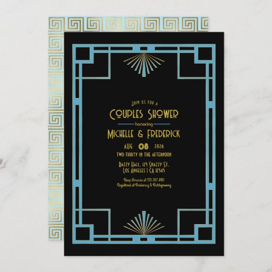 Chic Gatsby Art Deco Blue & Gold Couples Shower Kaart (Voorkant / Achterkant)