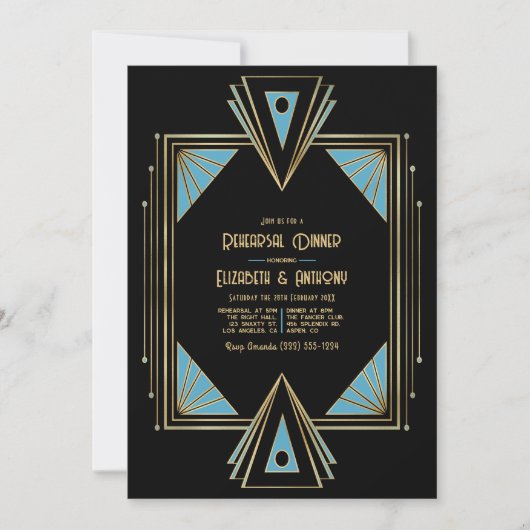 Chic Gatsby Art Deco Blue & Gold Rehearsal Dinner Kaart (Voorkant)