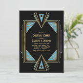 Chic Gatsby Art Deco Blue & Gold Rehearsal Dinner Kaart (Staand voorkant)