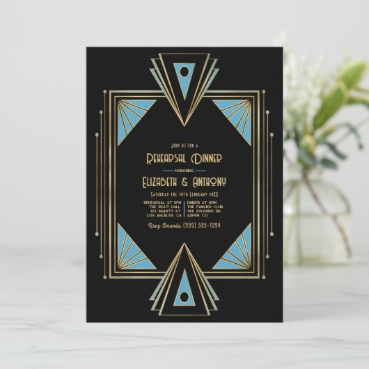 Chic Gatsby Art Deco Blue & Gold Rehearsal Dinner Kaart (Staand voorkant)