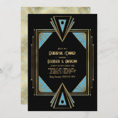 Chic Gatsby Art Deco Blue & Gold Rehearsal Dinner Kaart (Voorkant / Achterkant)