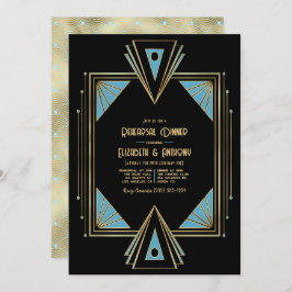 Chic Gatsby Art Deco Blue & Gold Rehearsal Dinner Kaart