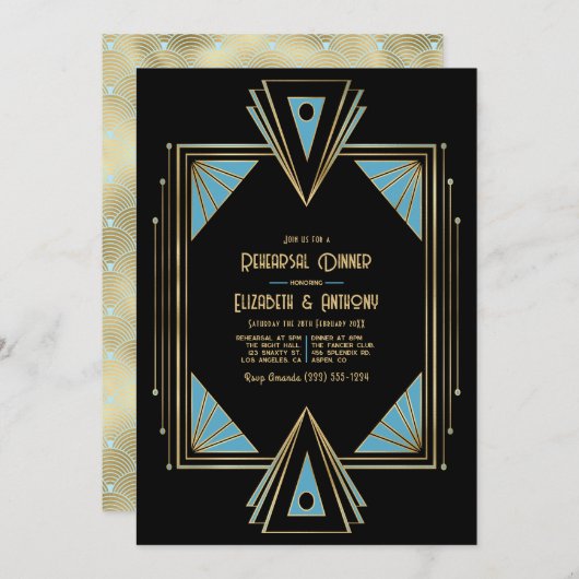 Chic Gatsby Art Deco Blue & Gold Rehearsal Dinner Kaart (Voorkant / Achterkant)