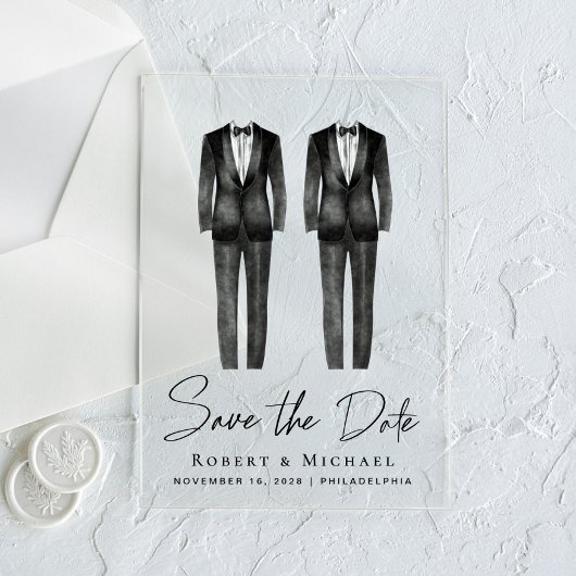 Chic Gay Wedding Tuxedo Waterverf Save the Date Acryl Uitnodigingen