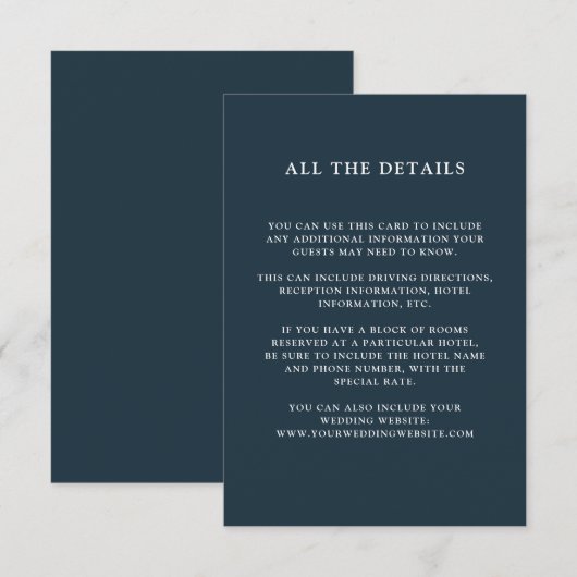 Chic gebladerte | Dark Blue Wedding Guest Details Informatiekaartje (Voorkant / Achterkant)