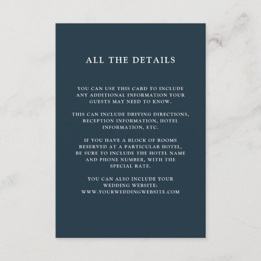 Chic gebladerte | Dark Blue Wedding Guest Details Informatiekaartje (Voorkant)