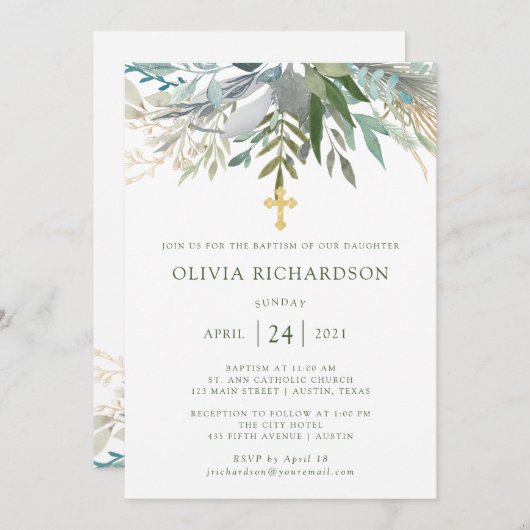 Chic gebladerte | De doop met het gouden kruis Kaart (Voorkant / Achterkant)