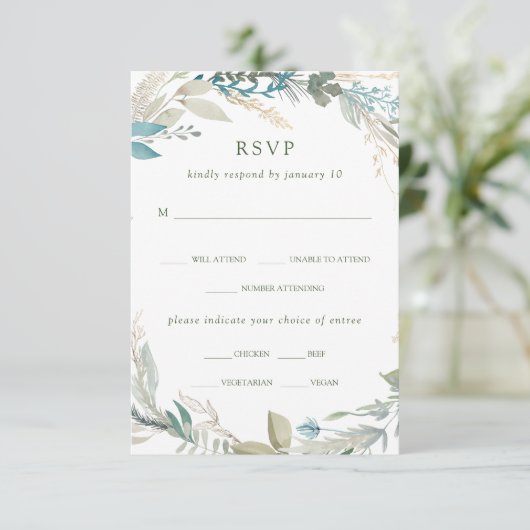 Chic gebladerte | Trouwmaaltijd keuze RSVP Kaartje (Staand voorkant)