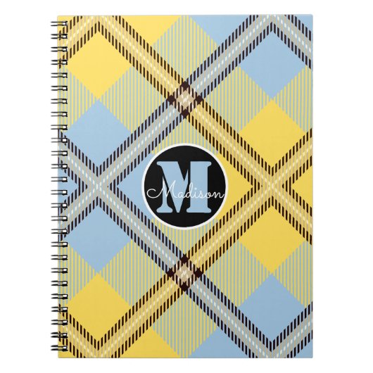 Chic Geel Blauw Geruit Schotse Monogram Script Naa Notitieboek (Voorkant)