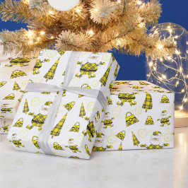Chic-geel-kerstman met paars cadeaupapier