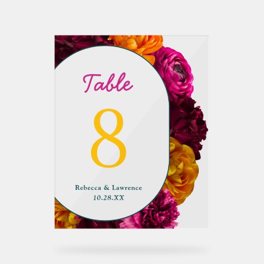 Chic geel roze groen bloemen trouwtafel nummer acryl bord (Voorkant)