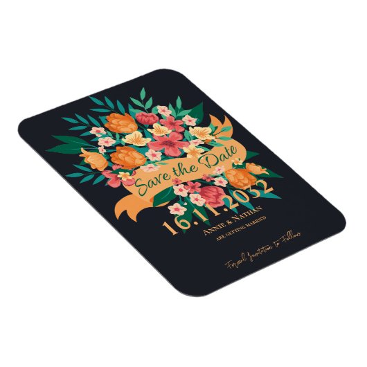 Chic Geel Sinaasappel Bloemen Trouwen Save the Dat Magneet (Rechterzijde)