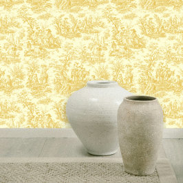 Chic  geel toile de jouy bedrukt behang