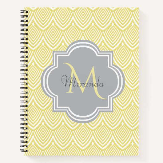 Chic gele Art Deco schelpen grijs monogram naam Notitieboek (Voorkant)