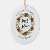 Chic Gelukkig Kerst Script Poinsettia Monogram Keramisch Ornament (Rechts)