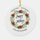 Chic Gelukkig Kerst Script Poinsettia Monogram Keramisch Ornament (Voorkant)