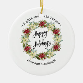 Chic Gelukkig Kerst Script Poinsettia Monogram Keramisch Ornament
