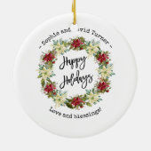 Chic Gelukkig Kerst Script Poinsettia Monogram Keramisch Ornament (Achterkant)