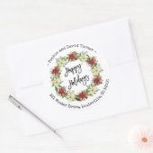 Chic Gelukkig Kerst Script Poinsettia Monogram Ronde Sticker (Envelop)