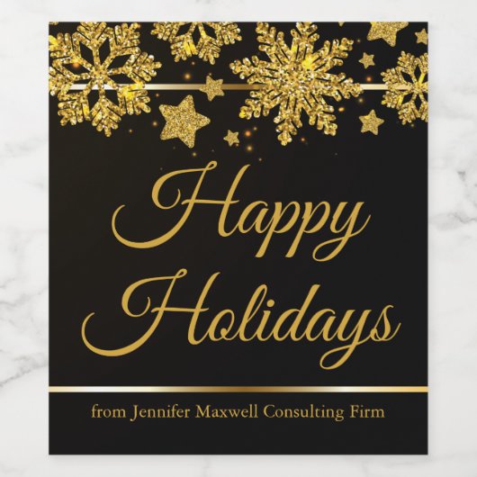 Chic Gelukkige Feestdagen Zwart Gouden Sneeuwvlok  Wijn Etiket (Enkel label)