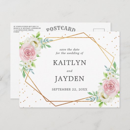 Chic Geometric Gold Foil Floral Save the Date Aankondigingskaart (Voorkant / Achterkant)