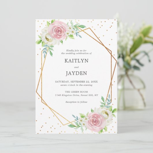 Chic Geometric Gold Foil Floral Wedding Kaart (Staand voorkant)