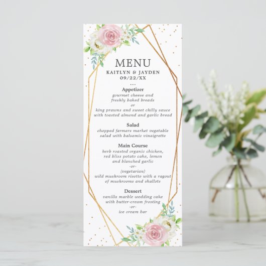 Chic Geometric Gold Foil Floral Wedding Menu (Staand voorkant)