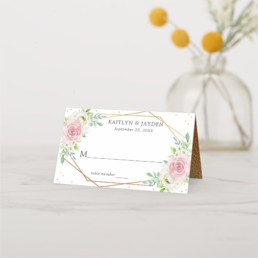 Chic Geometric Gold Foil Floral Wedding Plaatskaartje (Voorkant)