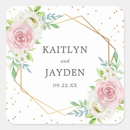 Chic Geometric Gold Foil Floral Wedding Vierkante Sticker (Voorkant)