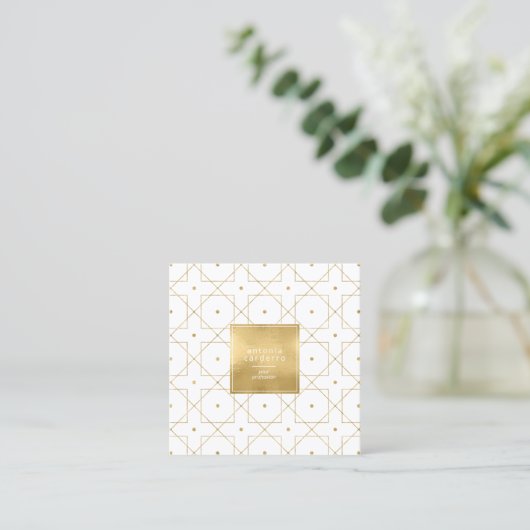Chic Geometric Pattern Squared Gold/White ID799 Vierkante Visitekaartje (Staand voorkant)
