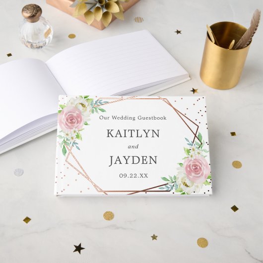 Chic Geometric Roos Gold Foil Floral Wedding Gastenboek (Voorkant open)