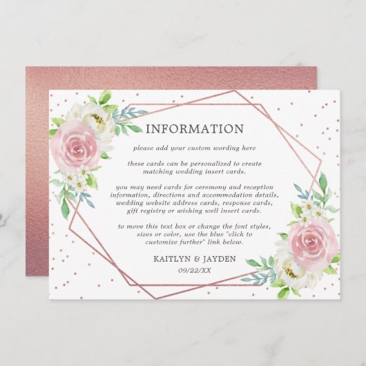 Chic Geometric Roos Gold Foil Floral Wedding Info Kaart (Voorkant / Achterkant)