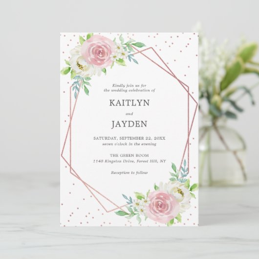 Chic Geometric Roos Gold Foil Floral Wedding Kaart (Staand voorkant)